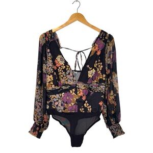 Intimately Free People Black Wanderlust Long Sleeve Sheer Summer Floral Bodysuit